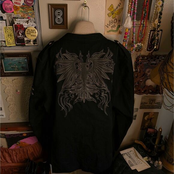 Y2K Grunge Embroidered Graphic Sport Coat Blazer Men's Unisex 2XL Black - Picture 1 of 8